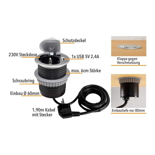 ChiliTec Mini Einbausteckdose Tisch-Steckdose mit 1x Steckdose 1x USB Ø 60mm Loch für Schreibtisch Arbeitsplatte 230V mit 190cm Anschlusskabel