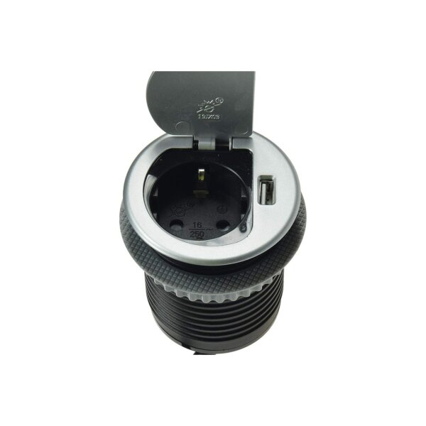 ChiliTec Mini Einbausteckdose Tisch-Steckdose mit 1x Steckdose 1x USB Ø 60mm Loch für Schreibtisch Arbeitsplatte 230V mit 190cm Anschlusskabel