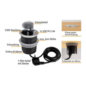 ChiliTec Mini Einbausteckdose Tisch-Steckdose mit 1x...