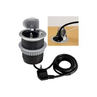 ChiliTec Mini Einbausteckdose Tisch-Steckdose mit 1x Steckdose 1x USB Ø 60mm Loch für Schreibtisch Arbeitsplatte 230V mit 190cm Anschlusskabel