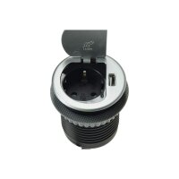 ChiliTec Mini Einbausteckdose Tisch-Steckdose mit 1x Steckdose 1x USB Ø 60mm Loch für Schreibtisch Arbeitsplatte 230V mit 190cm Anschlusskabel