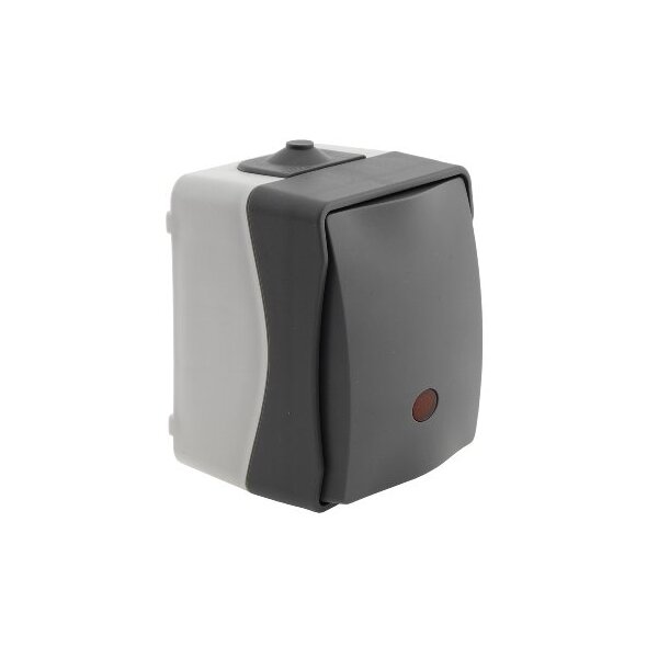 ChiliTec Kontrollschalter mit Licht IP54 Feuchtraum Aufputz 250V~/ 10A 2300W gummierte Kabeleinführung 77x62x55mm Grau