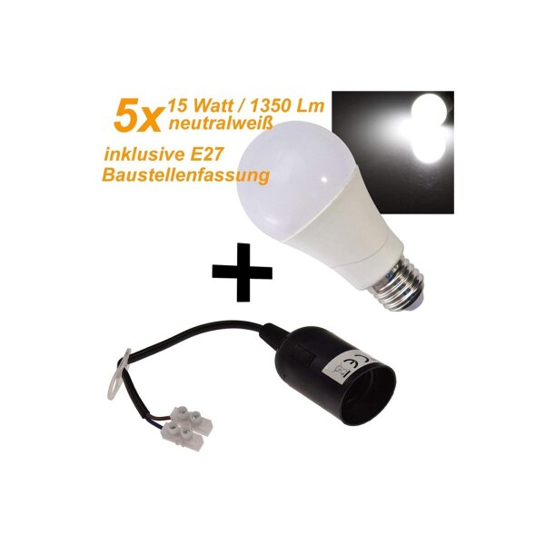 ChiliTec 5x E27-Fassung mit 15cm Kabel + 5x Passenden LED Glühlampe E27"G90 AGL" neutralweiß