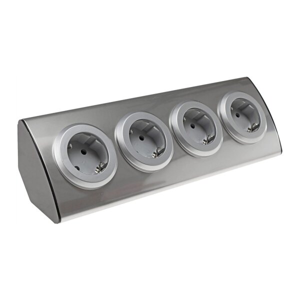 ChiliTec 4-fach Edelstahl Ecksteckdose mit 4x Schutzkontakt-Steckdosen 230V, 45° Winkel mit erhöhtem Berührungsschutz Aufbau-Steckdose für Küche, Büro, Bad