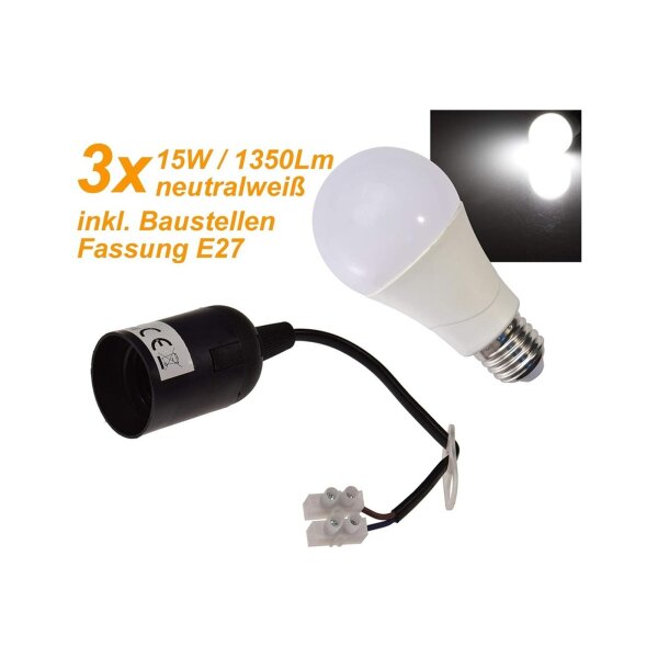 ChiliTec 3x E27-Fassung mit 15cm Kabel + Passende LED Glühlampe E27"G90 AGL" neutralweiß