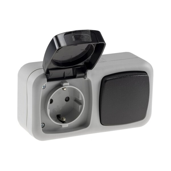 Aufputzsteckdose mit Schalter 2-fach Kombination 250V~ Waagerecht IP44 mit Schutzdeckel Gummidichtung Grau Anthrazit