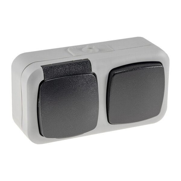 Aufputzsteckdose mit Schalter 2-fach Kombination 250V~ Waagerecht IP44 mit Schutzdeckel Gummidichtung Grau Anthrazit