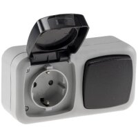 Aufputzsteckdose mit Schalter 2-fach Kombination 250V~ Waagerecht IP44 mit Schutzdeckel Gummidichtung Grau Anthrazit