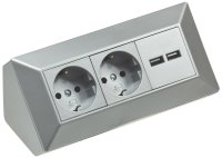 ChiliTec Steckdosenblock Ecksteckdose mit 2x USB 2 Schutzkontaktsteckdosen Aufbausteckdose 230V Unterbau Eck-Montage für Arbeitsplatte Küche Grau Silber