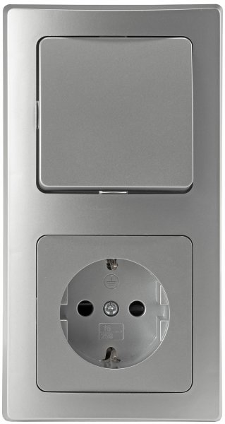 Delphi Steckdose mit Lichtschalter Komplett Set I 230V Schutzkontakt Steckdose mit Wechsel-Schalter 2-Fach Rahmen I Unterputz Einbau I Farbe Silber Grau