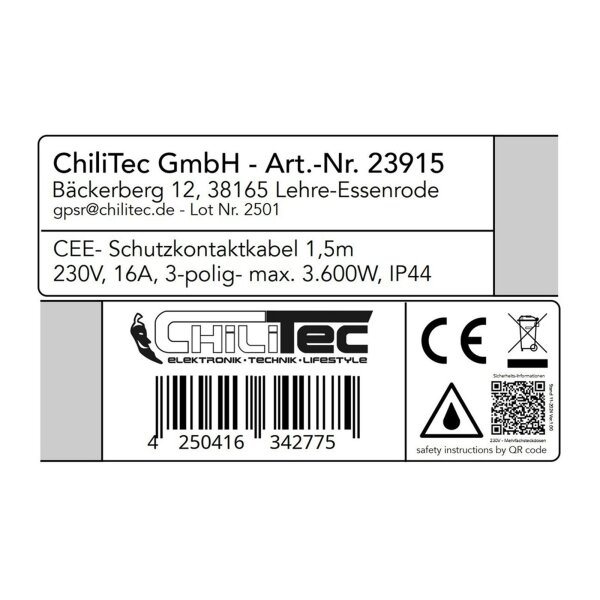 CEE Adapter auf Schutzkontakt-Stecker 230V, H07RNF 3G2,5, 1,5m Kabel