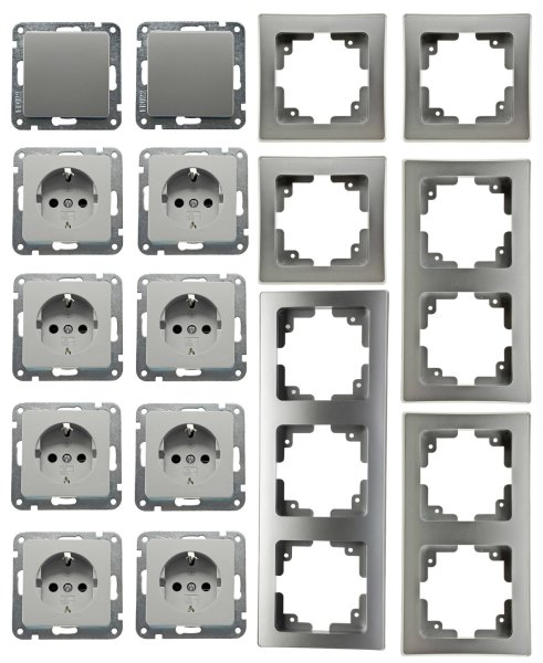DELPHI Steckdose Schalter Unterputz Komplett Set 2x Wechselschalter Rahmen 8x Steckdosen mit erhöhtem Berührungsschutz Grau Silber