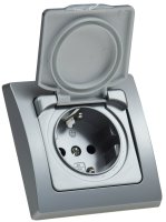 DELPHI Steckdose Unterputz IP44 Feuchtraum-Steckdose mit Schutz-Deckel Gummidichtung für Küche Bad Terrasse Balkon Grau Silber