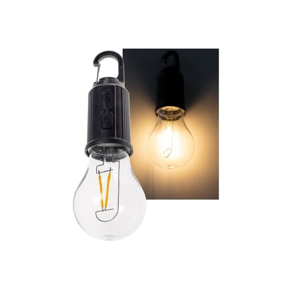 LED Glühlampe mit Akku "CT-KL3", dimmbar mit Haken / Karabiner, 3000k / Warmweiß
