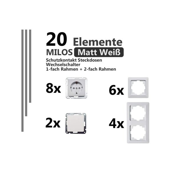 MILOS Installations-Set – 8 Steckdosen + 2 Schalter weiß matt