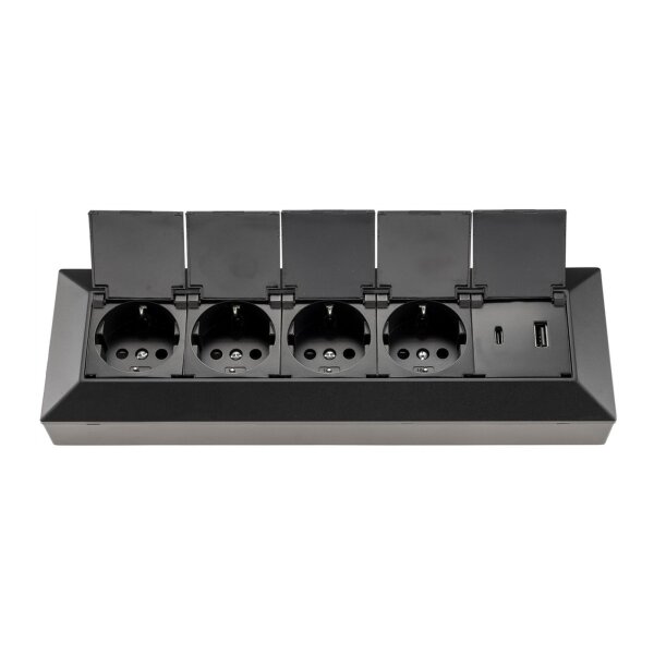 4-fach Steckdosenblock, USB-A+C, schwarz 250V~/ 16A, USB 3,1A, PD, mit Klappen