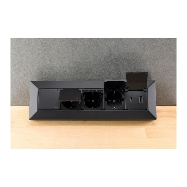 4-fach Steckdosenblock, USB-A+C, schwarz 250V~/ 16A, USB 3,1A, PD, mit Klappen