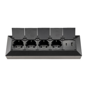 4-fach Steckdosenblock, USB-A+C, schwarz 250V~/ 16A, USB 3,1A, PD, mit Klappen
