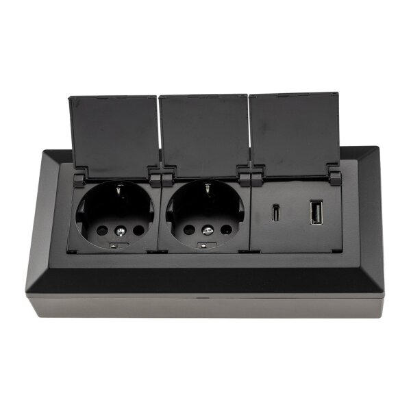 2-fach Steckdosenblock, USB-A+C, schwarz 250V~/ 16A, USB 3,1A, PD, mit Klappen