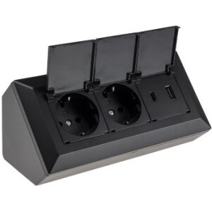 2-fach Steckdosenblock, USB-A+C, schwarz 250V~/ 16A, USB 3,1A, PD, mit Klappen