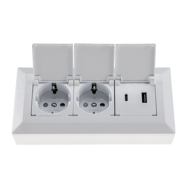 2-fach Steckdosenblock, USB-A+C, weiß 250V~/ 16A, USB 3,1A, PD, mit Klappen