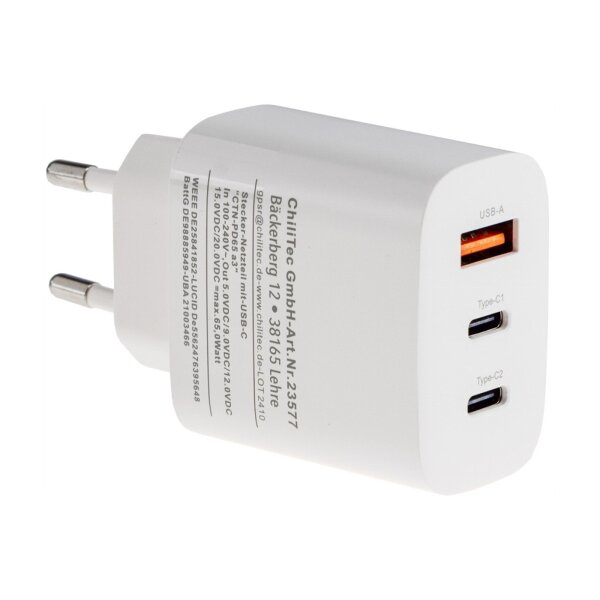 Stecker-Netzteil mit USB-C "CTN-PD65 a3" In 100-240V~, Out 5,0V/9,0V/12,0V=, 65W