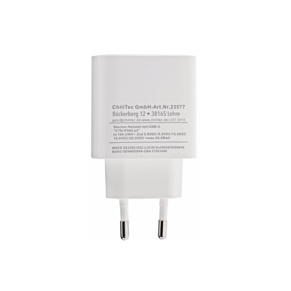 Stecker-Netzteil mit USB-C "CTN-PD65 a3" In 100-240V~, Out 5,0V/9,0V/12,0V=, 65W