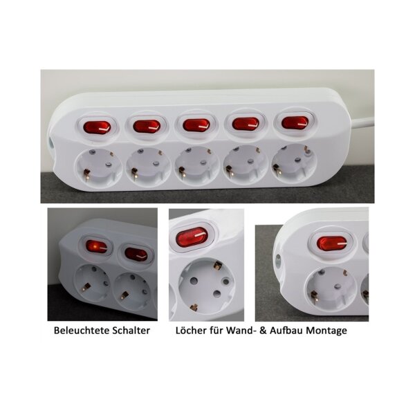 Steckdosenleiste mit Einzelschaltung 5-fach, weiß, 1,5m Kabel