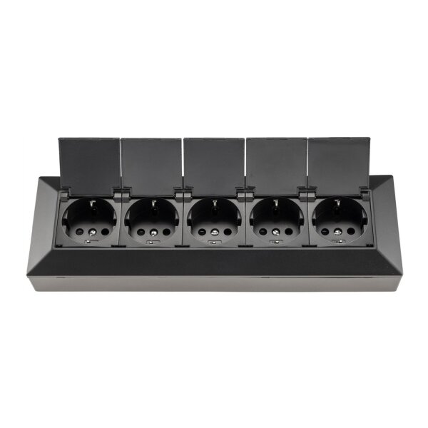 5-fach Steckdosenblock, schwarz 250V~/ 16A, Aufbaumontage mit Klappen