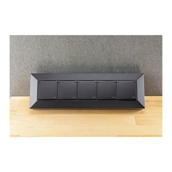 5-fach Steckdosenblock, schwarz 250V~/ 16A, Aufbaumontage mit Klappen