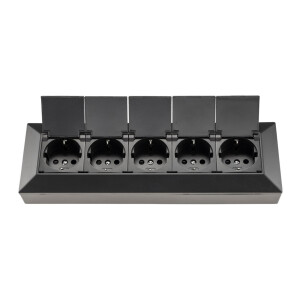 5-fach Steckdosenblock, schwarz 250V~/ 16A, Aufbaumontage mit Klappen
