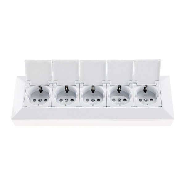 5-fach Steckdosenblock, weiß 250V~/ 16A, Aufbaumontage mit Klappen