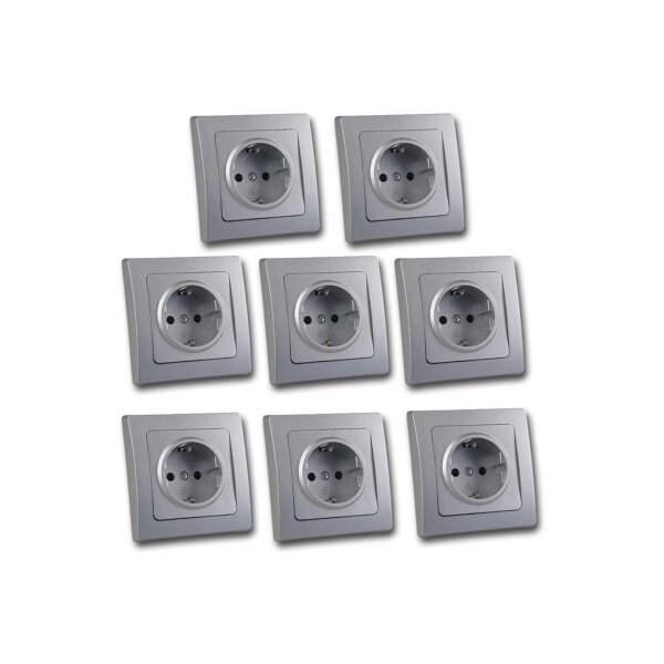 8er Set Schutzkontakt-Steckdosen, DELPHI silber, Klemmanschluss, max. 250V~/16A, Unterputzmontage