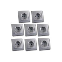 8er Set Schutzkontakt-Steckdosen, DELPHI silber, Klemmanschluss, max. 250V~/16A, Unterputzmontage
