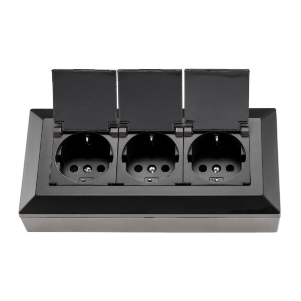 3-fach Steckdosenblock, schwarz 250V~/ 16A, Aufbaumontage mit Klappen