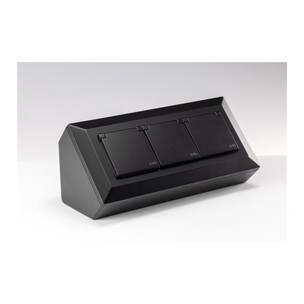 3-fach Steckdosenblock, schwarz 250V~/ 16A, Aufbaumontage mit Klappen