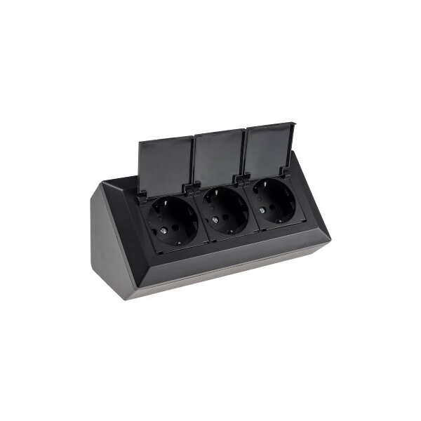 3-fach Steckdosenblock, schwarz 250V~/ 16A, Aufbaumontage mit Klappen