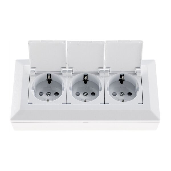 3-fach Steckdosenblock, weiß 250V~/ 16A, Aufbaumontage mit Klappen