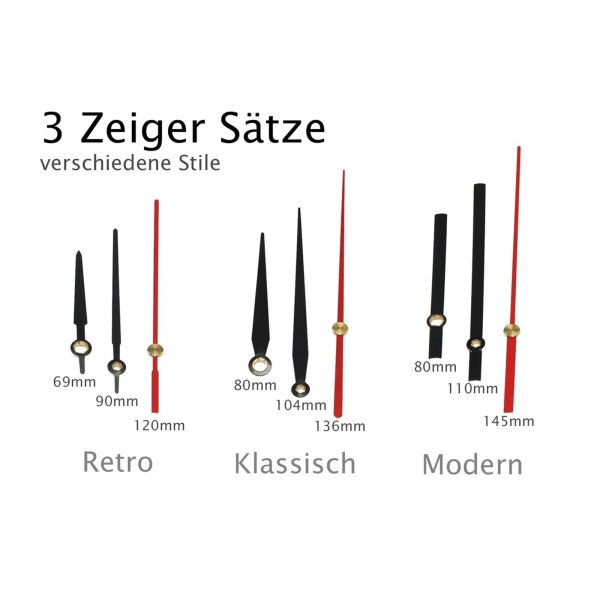 Funkuhrwerk DCF mit 3 Zeigersätzen aus Kunststoff, 25mm langer Schaft