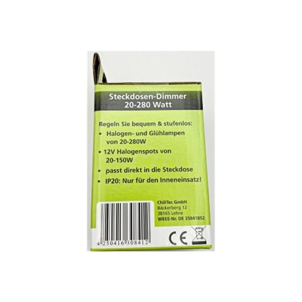 Steckdosen-Dimmer 20–280W für Glühlampen & Halogen – Plug-in, stufenlos regelbar