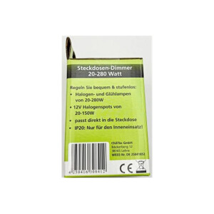 Steckdosen-Dimmer 20–280W für Glühlampen & Halogen – Plug-in, stufenlos regelbar