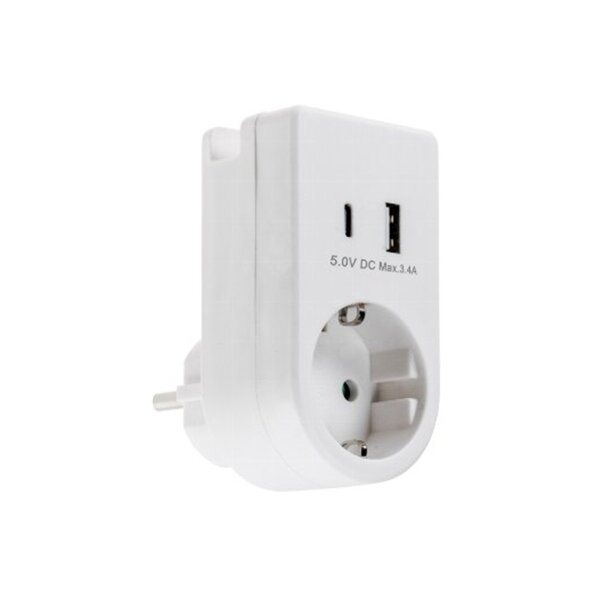 Zwischenstecker mit USB-A & USB-C Ladegerät – 230V Steckdose mit USB-Duo & Smartphone-Halterung