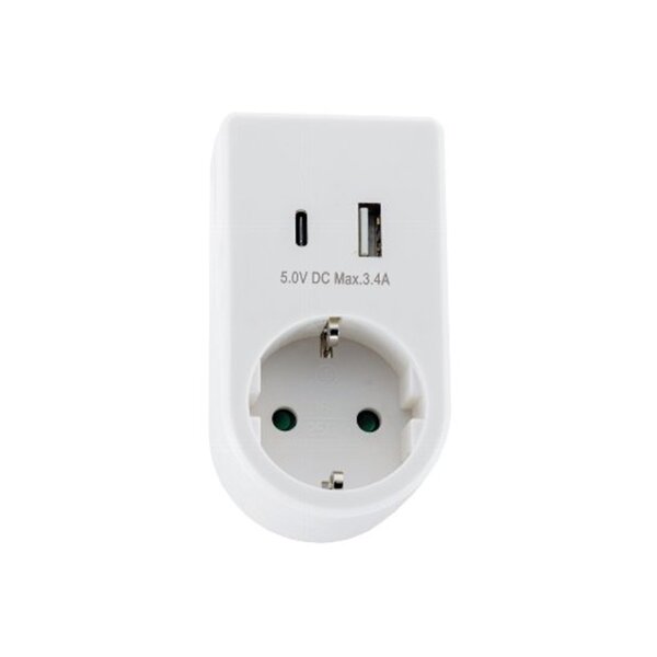 Zwischenstecker mit USB-A & USB-C Ladegerät – 230V Steckdose mit USB-Duo & Smartphone-Halterung