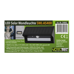 LED Solar Wandleuchte SWL-AS400, IP44, PIR, 400lm, warmweiß 3000K