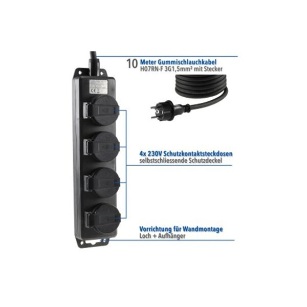 Gartensteckdosenleiste 4-fach IP44, 10?m H07RN-F 3G1,5mm²