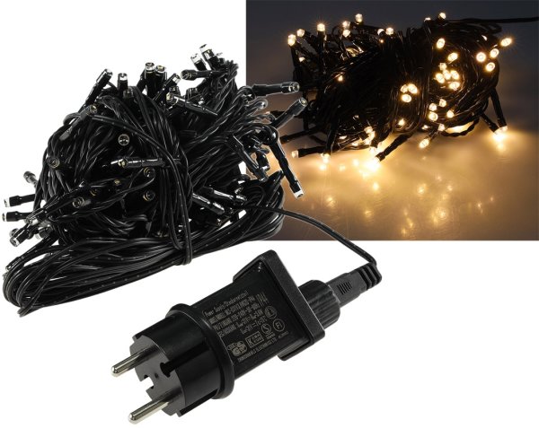 LED Lichterkette Aussen 10 Meter mit 100 LEDs Schwarzes Kabel Spritzwassergeschützt IP44 Warmweiß