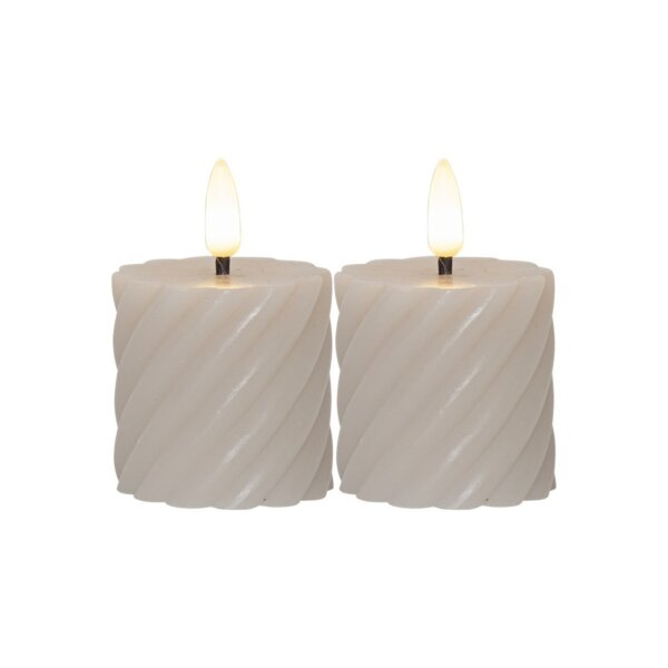 LED-Echtwachskerze Flamme Spiral 2er-Set – Grau, 7,5?cm, Timer, warmweiß, Batterie