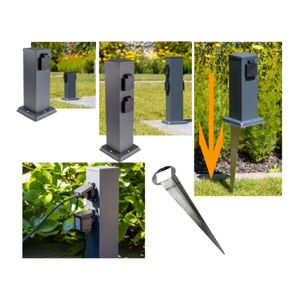 moderne Outdoor Garten-Steckdosen-Säule anthrazit, 2-/4-fach, Erdspieß optional