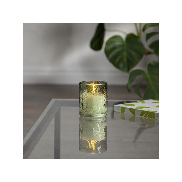 LED Stumpenkerze Flamme Leaf Grün – Dekokerze mit Glasstruktur & Timer