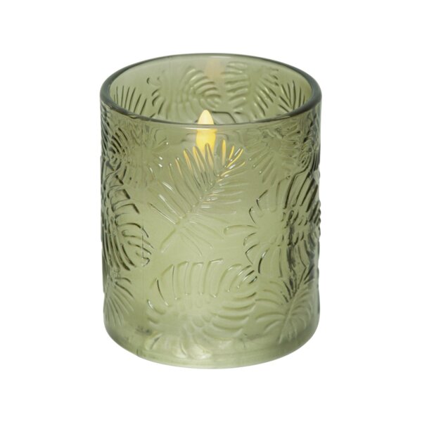 LED Stumpenkerze Flamme Leaf Grün – Dekokerze mit Glasstruktur & Timer